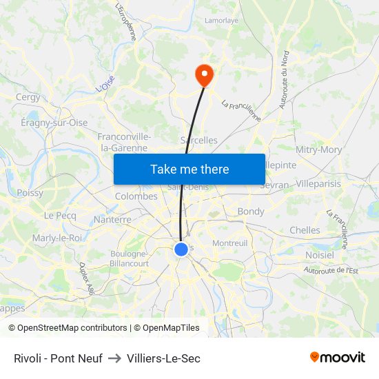 Rivoli - Pont Neuf to Villiers-Le-Sec map