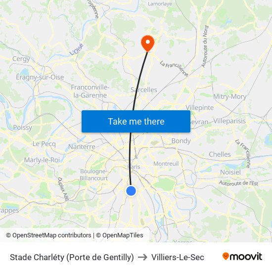 Stade Charléty (Porte de Gentilly) to Villiers-Le-Sec map