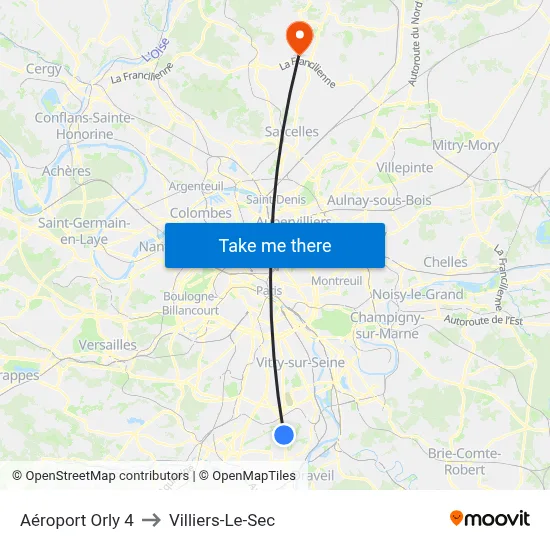 Aéroport Orly 4 to Villiers-Le-Sec map