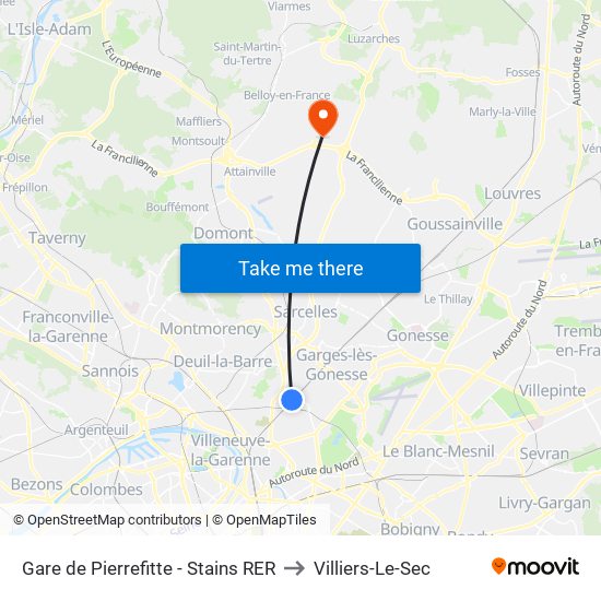 Gare de Pierrefitte - Stains RER to Villiers-Le-Sec map