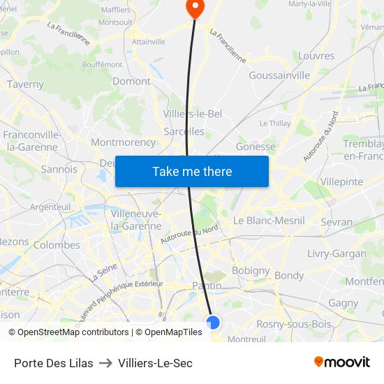 Porte Des Lilas to Villiers-Le-Sec map