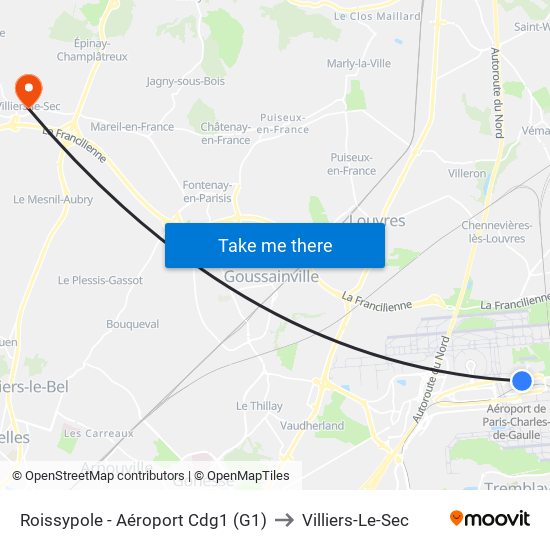 Roissypole - Aéroport Cdg1 (G1) to Villiers-Le-Sec map