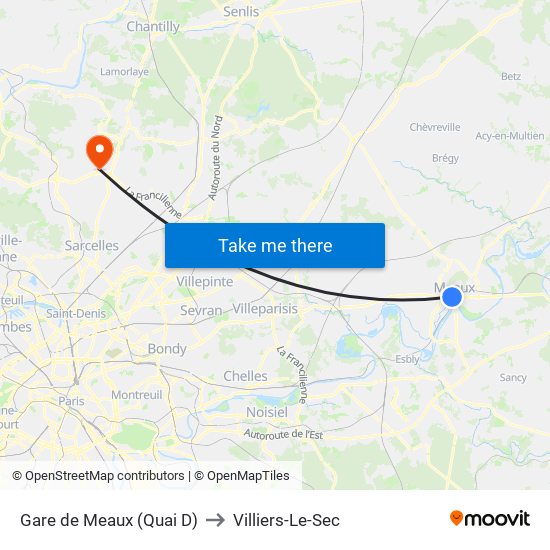 Gare de Meaux (Quai D) to Villiers-Le-Sec map