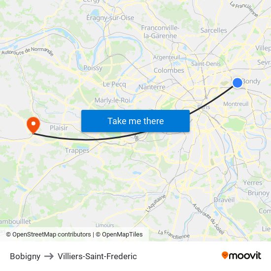 Bobigny to Villiers-Saint-Frederic map