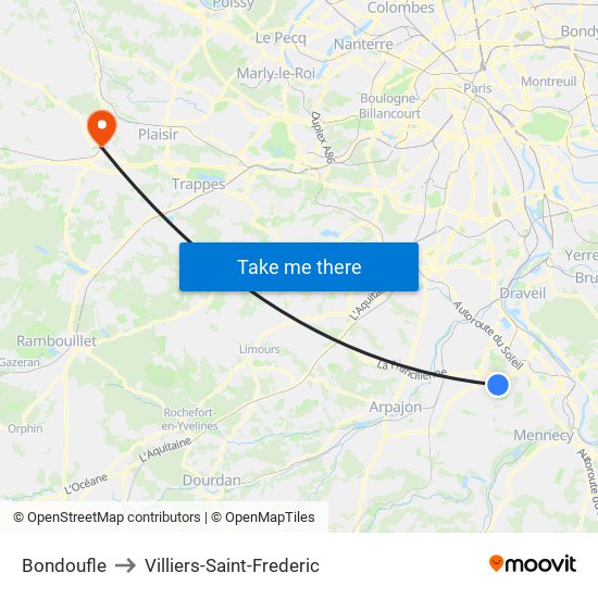 Bondoufle to Villiers-Saint-Frederic map