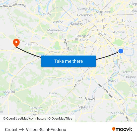 Creteil to Villiers-Saint-Frederic map