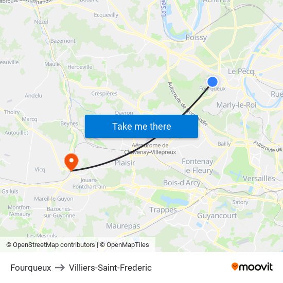 Fourqueux to Villiers-Saint-Frederic map