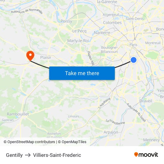 Gentilly to Villiers-Saint-Frederic map