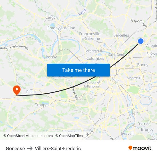 Gonesse to Villiers-Saint-Frederic map