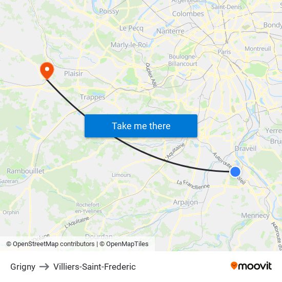 Grigny to Villiers-Saint-Frederic map