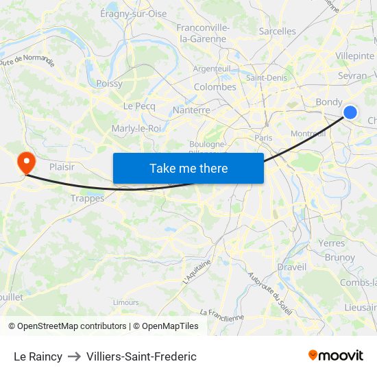 Le Raincy to Villiers-Saint-Frederic map