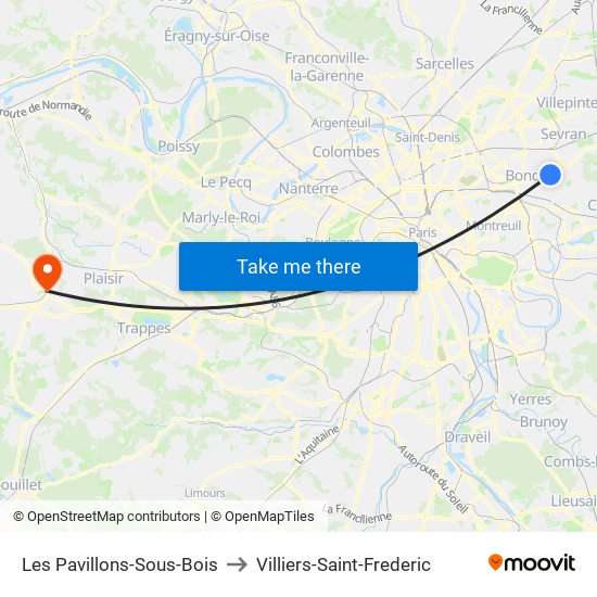 Les Pavillons-Sous-Bois to Villiers-Saint-Frederic map