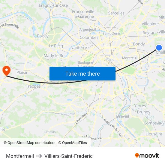 Montfermeil to Villiers-Saint-Frederic map