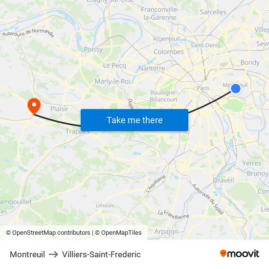 Montreuil to Villiers-Saint-Frederic map