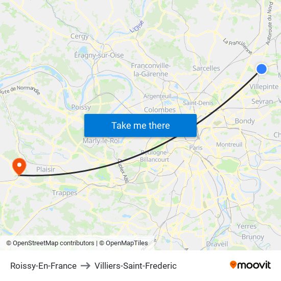 Roissy-En-France to Villiers-Saint-Frederic map