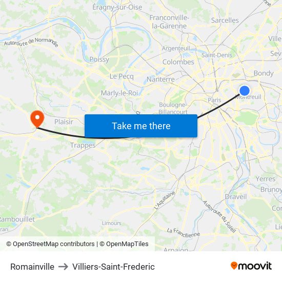 Romainville to Villiers-Saint-Frederic map