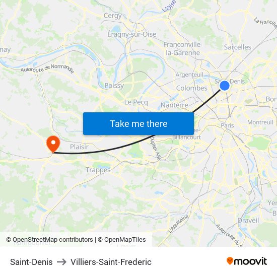 Saint-Denis to Villiers-Saint-Frederic map