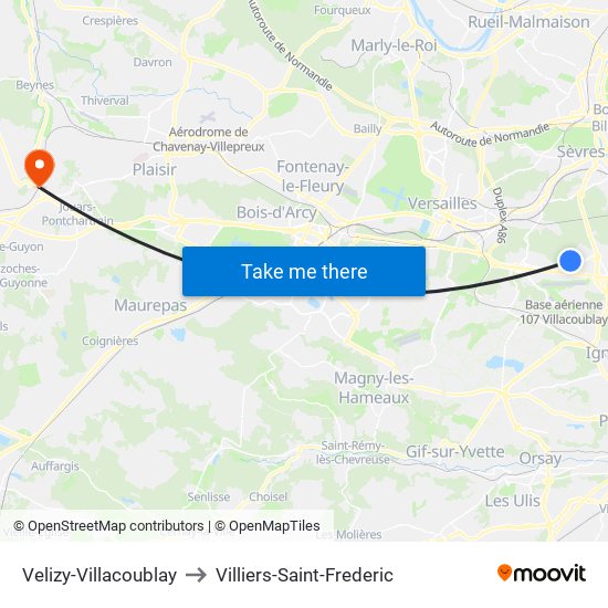 Velizy-Villacoublay to Villiers-Saint-Frederic map