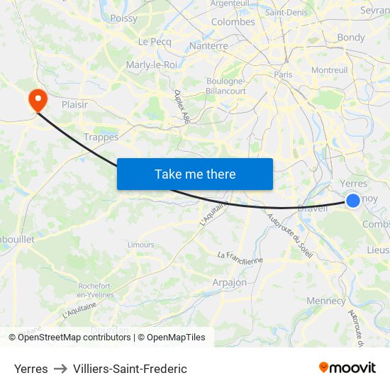 Yerres to Villiers-Saint-Frederic map