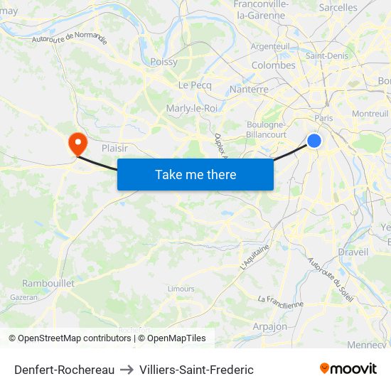 Denfert-Rochereau to Villiers-Saint-Frederic map
