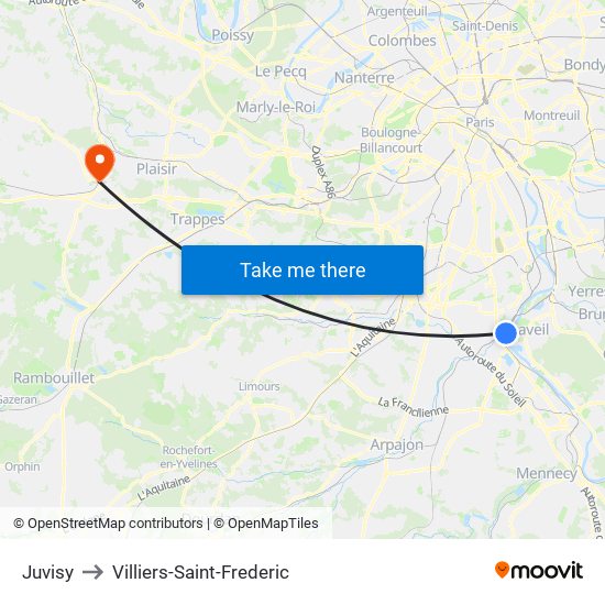 Juvisy to Villiers-Saint-Frederic map