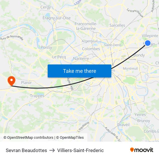 Sevran Beaudottes to Villiers-Saint-Frederic map