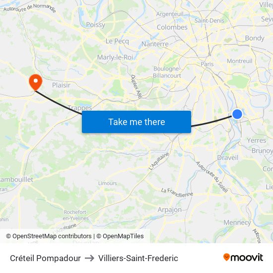 Créteil Pompadour to Villiers-Saint-Frederic map
