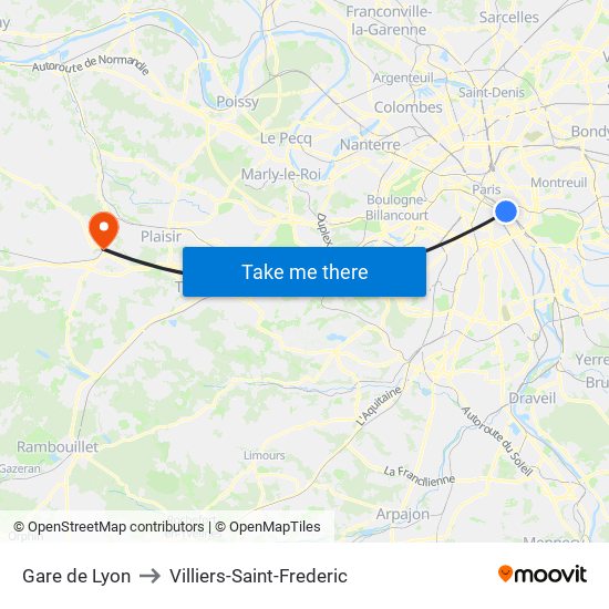 Gare de Lyon to Villiers-Saint-Frederic map