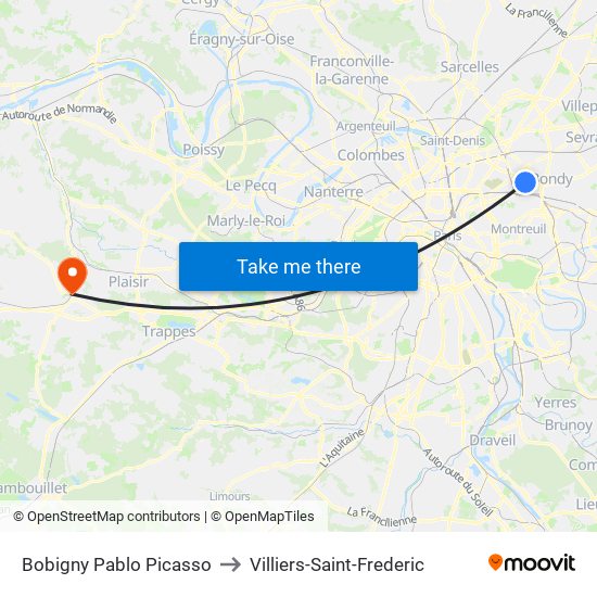 Bobigny Pablo Picasso to Villiers-Saint-Frederic map