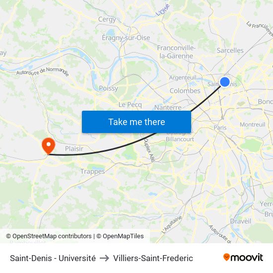 Saint-Denis - Université to Villiers-Saint-Frederic map