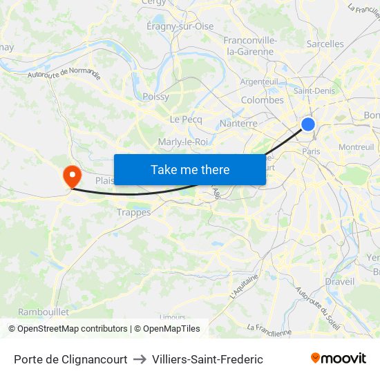 Porte de Clignancourt to Villiers-Saint-Frederic map