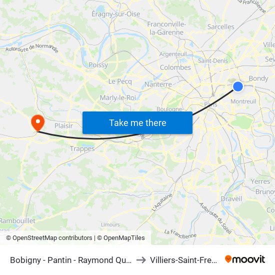 Bobigny - Pantin - Raymond Queneau to Villiers-Saint-Frederic map