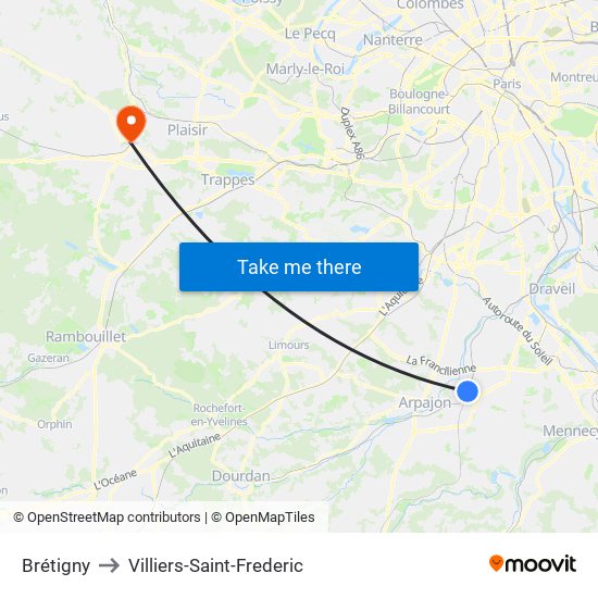 Brétigny to Villiers-Saint-Frederic map