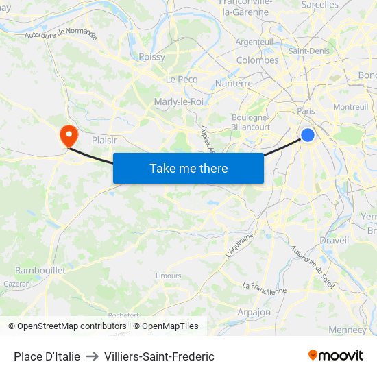 Place D'Italie to Villiers-Saint-Frederic map