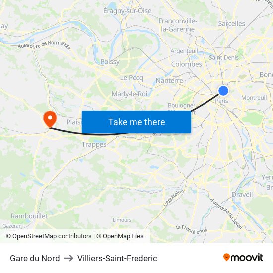 Gare du Nord to Villiers-Saint-Frederic map