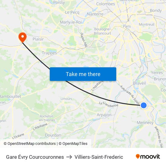 Gare Évry Courcouronnes to Villiers-Saint-Frederic map