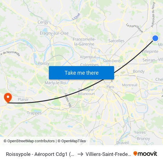 Roissypole - Aéroport Cdg1 (D3) to Villiers-Saint-Frederic map