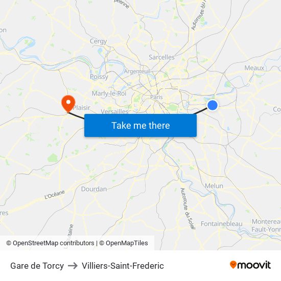 Gare de Torcy to Villiers-Saint-Frederic map