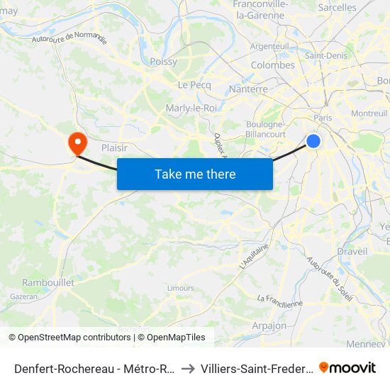 Denfert-Rochereau - Métro-Rer to Villiers-Saint-Frederic map