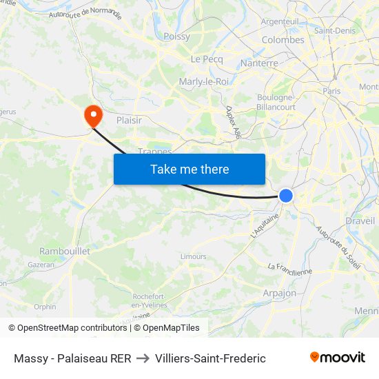 Massy - Palaiseau RER to Villiers-Saint-Frederic map