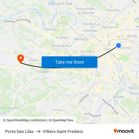 Porte Des Lilas to Villiers-Saint-Frederic map