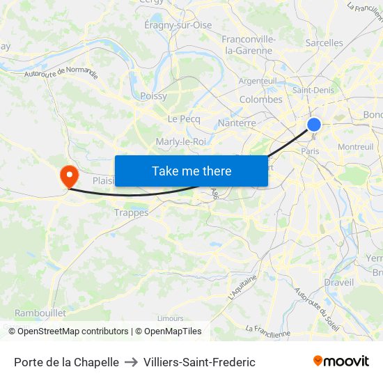 Porte de la Chapelle to Villiers-Saint-Frederic map
