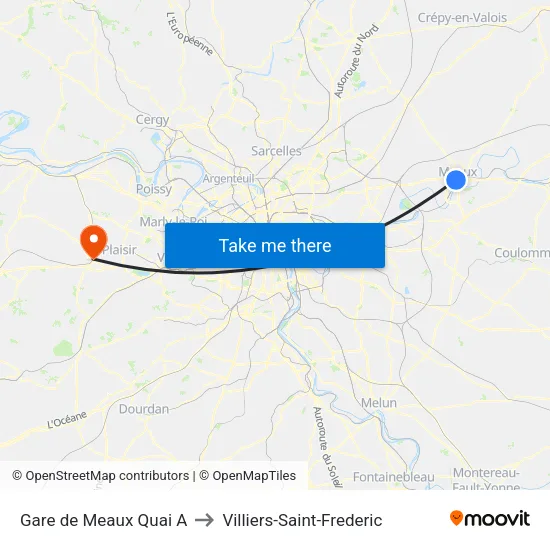 Gare de Meaux Quai A to Villiers-Saint-Frederic map