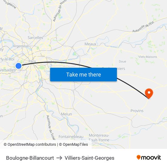 Boulogne-Billancourt to Villiers-Saint-Georges map