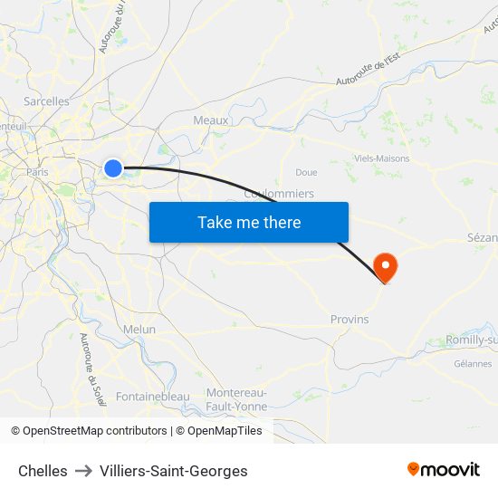 Chelles to Villiers-Saint-Georges map
