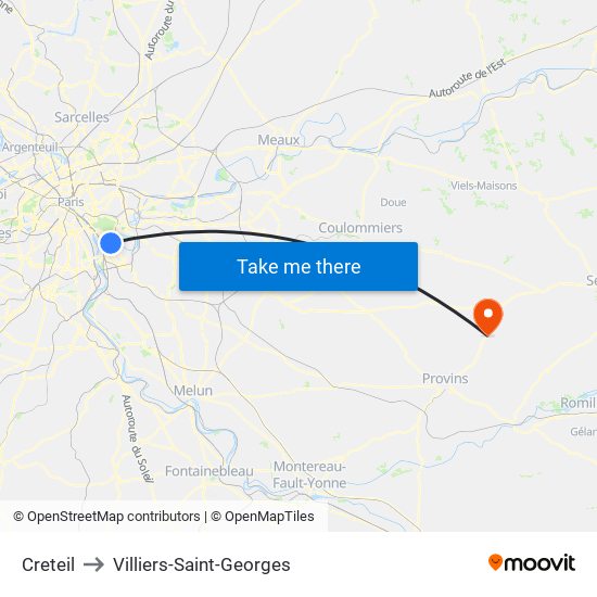 Creteil to Villiers-Saint-Georges map