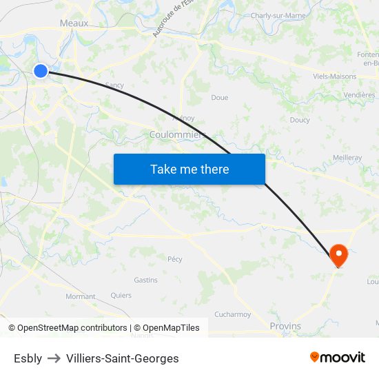 Esbly to Villiers-Saint-Georges map