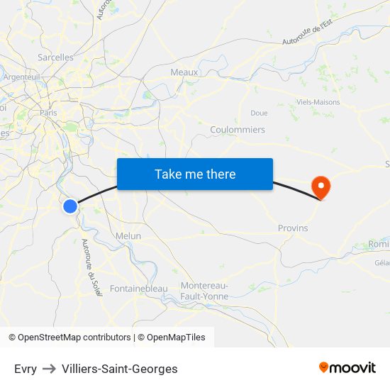 Evry to Villiers-Saint-Georges map