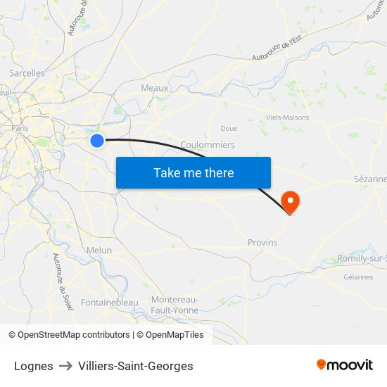 Lognes to Villiers-Saint-Georges map