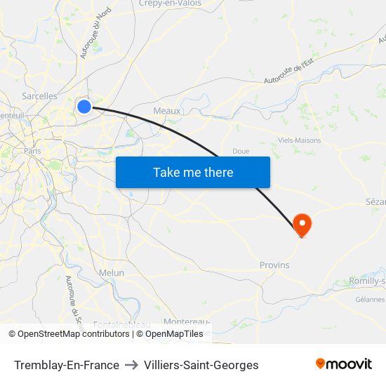 Tremblay-En-France to Villiers-Saint-Georges map